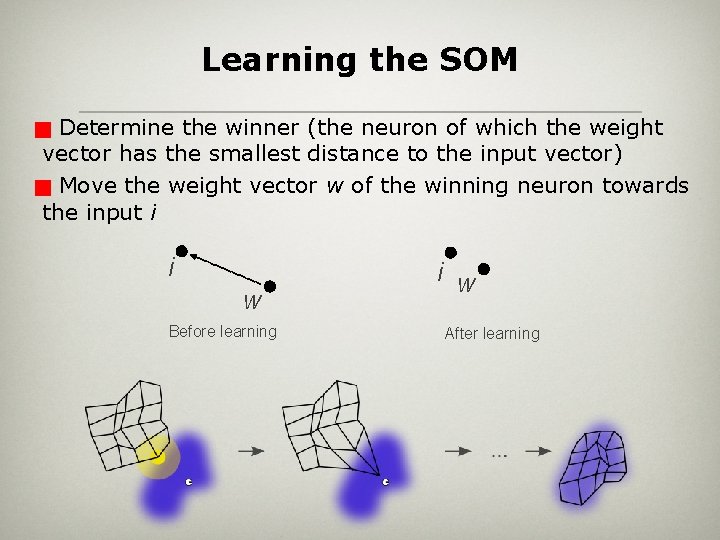 Learning the SOM Determine the winner (the neuron of which the weight vector has
