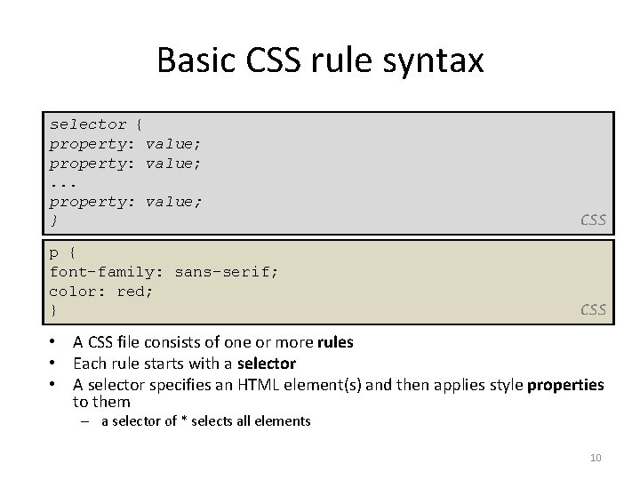 Basic CSS rule syntax selector { property: value; . . . property: value; }