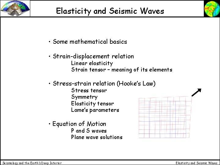 Elasticity and Seismic Waves • Some mathematical basics • Strain-displacement relation Linear elasticity Strain