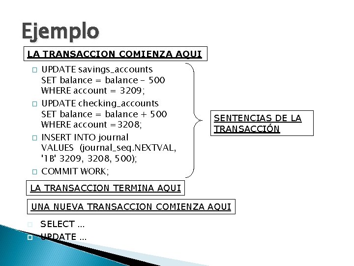 Ejemplo LA TRANSACCION COMIENZA AQUI � � UPDATE savings_accounts SET balance = balance -