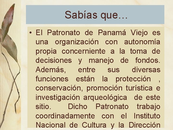 Sabías que… • El Patronato de Panamá Viejo es una organización con autonomía propia