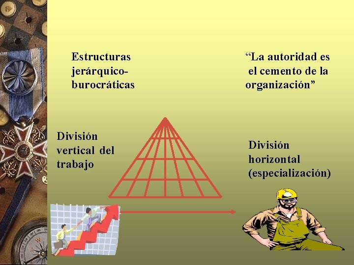 Estructuras jerárquicoburocráticas División vertical del trabajo “La autoridad es el cemento de la organización”