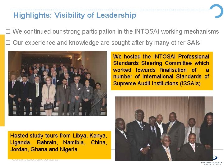 Highlights: Visibility of Leadership q We continued our strong participation in the INTOSAI working