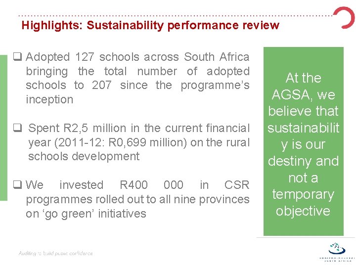 Highlights: Sustainability performance review q Adopted 127 schools across South Africa bringing the total