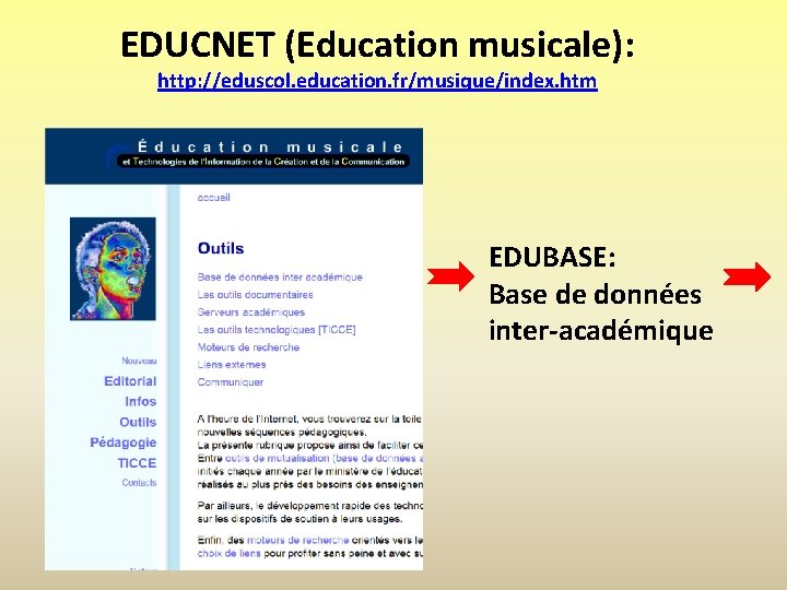 EDUCNET (Education musicale): http: //eduscol. education. fr/musique/index. htm EDUBASE: Base de données inter-académique 