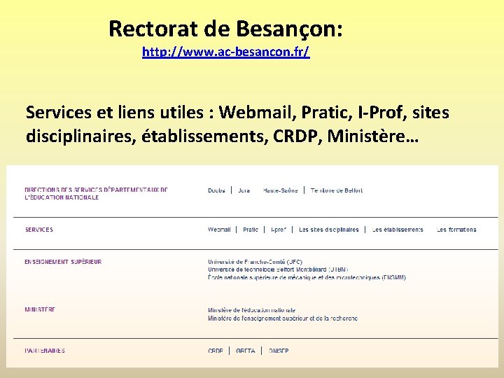 Rectorat de Besançon: http: //www. ac-besancon. fr/ Services et liens utiles : Webmail, Pratic,