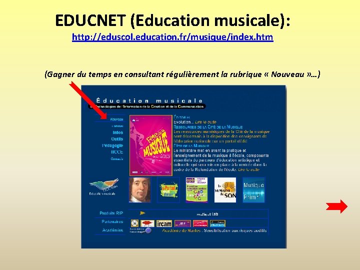 EDUCNET (Education musicale): http: //eduscol. education. fr/musique/index. htm (Gagner du temps en consultant régulièrement