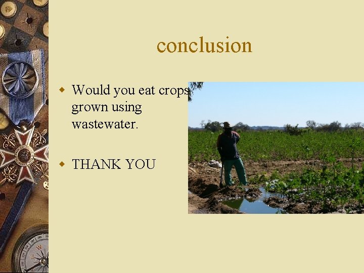 conclusion w Would you eat crops grown using wastewater. w THANK YOU 