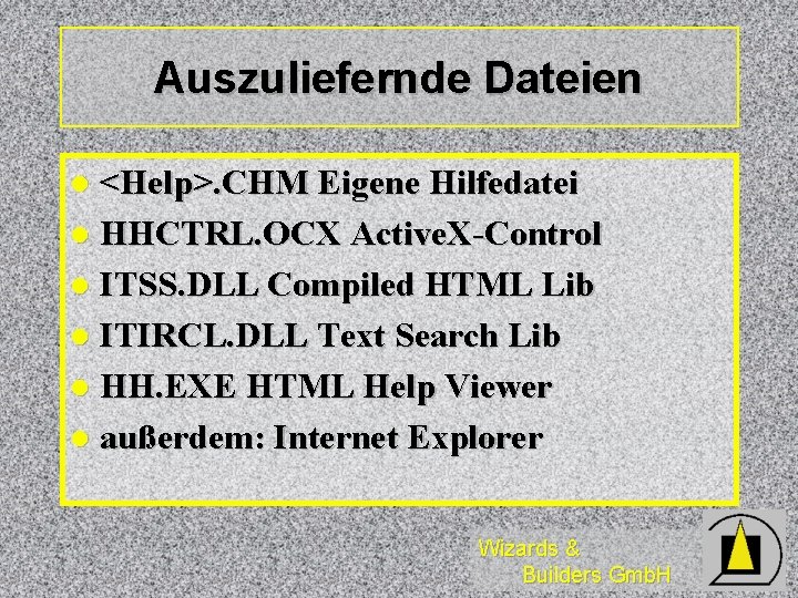 Auszuliefernde Dateien <Help>. CHM Eigene Hilfedatei l HHCTRL. OCX Active. X-Control l ITSS. DLL Auszuliefernde Dateien <Help>. CHM Eigene Hilfedatei l HHCTRL. OCX Active. X-Control l ITSS. DLL