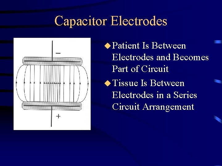 Capacitor Electrodes u Patient Is Between Electrodes and Becomes Part of Circuit u Tissue