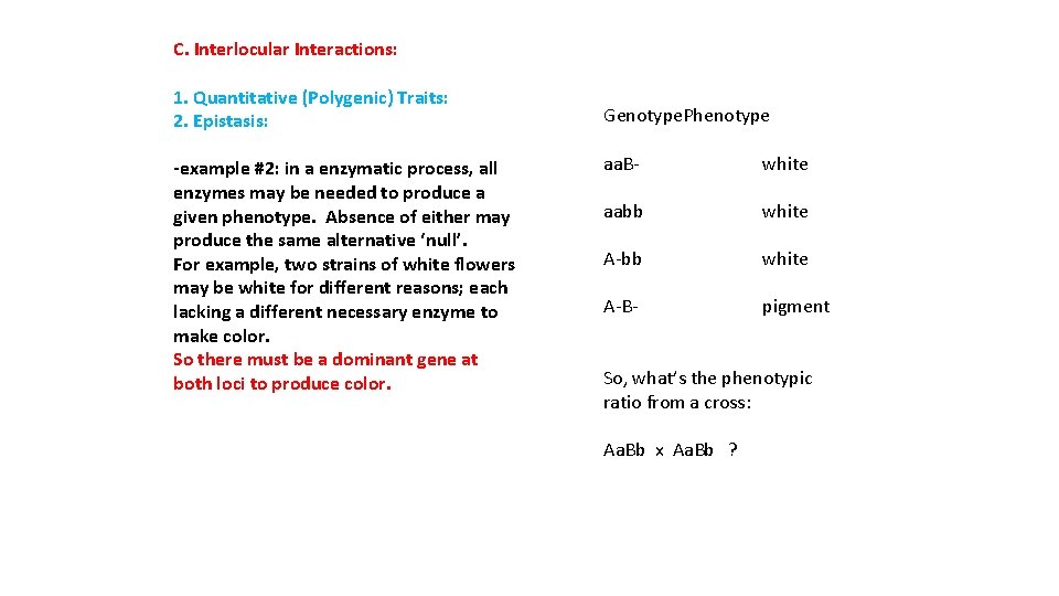 C. Interlocular Interactions: 1. Quantitative (Polygenic) Traits: 2. Epistasis: -example #2: in a enzymatic