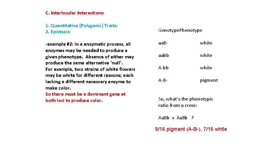 C. Interlocular Interactions: 1. Quantitative (Polygenic) Traits: 2. Epistasis: -example #2: in a enzymatic