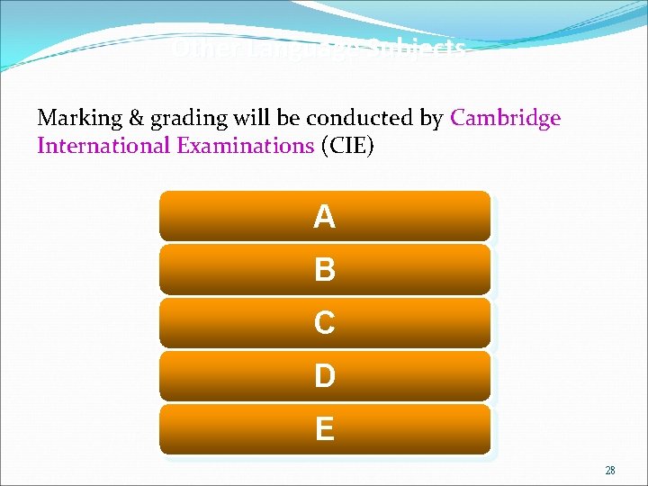 Other Language Subjects Marking & grading will be conducted by Cambridge International Examinations (CIE)