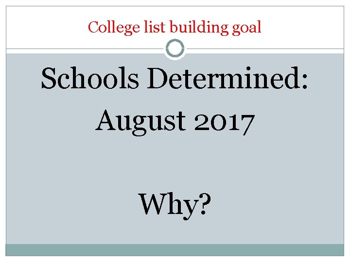 College list building goal Schools Determined: August 2017 Why? 