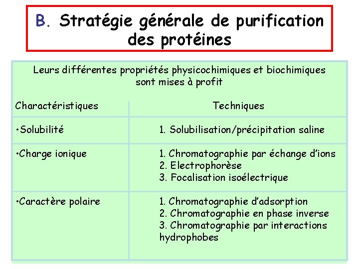 B. Stratégie générale de purification des protéines Leurs différentes propriétés physicochimiques et biochimiques sont