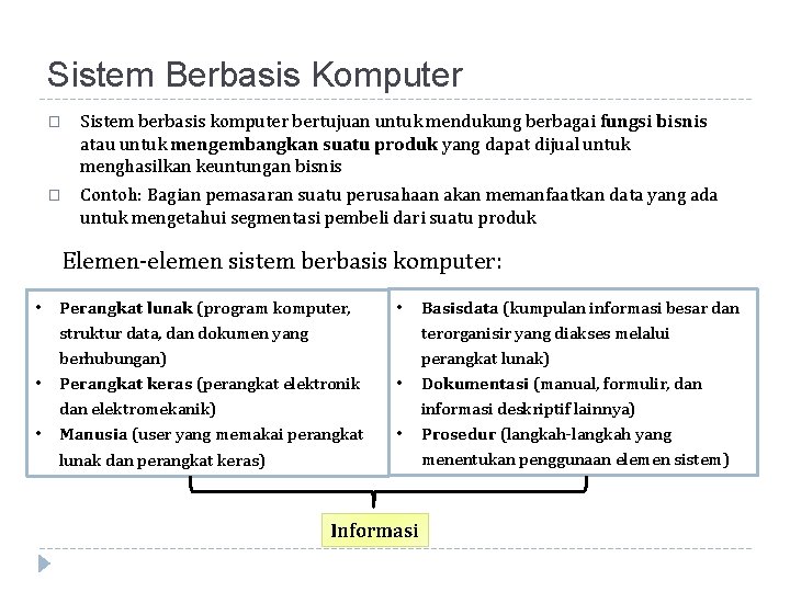 Sistem Berbasis Komputer � Sistem berbasis komputer bertujuan untuk mendukung berbagai fungsi bisnis atau