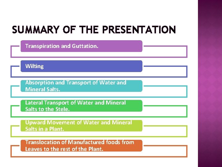 SUMMARY OF THE PRESENTATION Transpiration and Guttation. Wilting Absorption and Transport of Water and