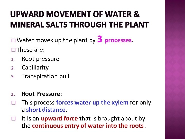 UPWARD MOVEMENT OF WATER & MINERAL SALTS THROUGH THE PLANT moves up the plant