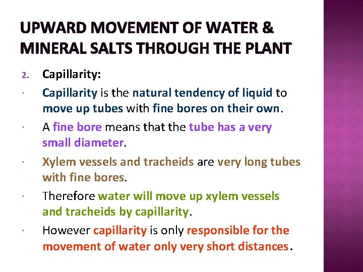 UPWARD MOVEMENT OF WATER & MINERAL SALTS THROUGH THE PLANT 2. Capillarity: Capillarity is
