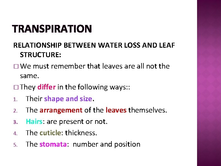 TRANSPIRATION RELATIONSHIP BETWEEN WATER LOSS AND LEAF STRUCTURE: � We must remember that leaves