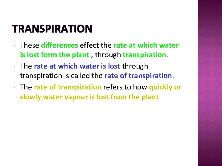 TRANSPIRATION These differences effect the rate at which water is lost form the plant