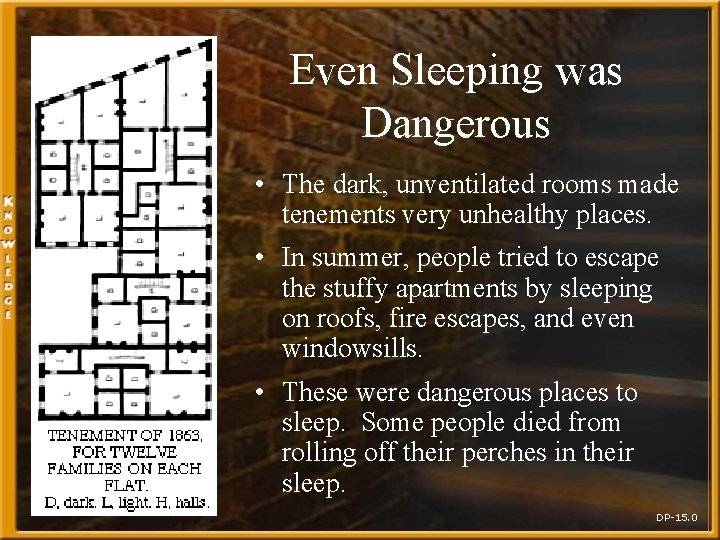 Even Sleeping was Dangerous • The dark, unventilated rooms made tenements very unhealthy places.