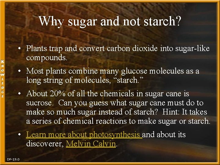 Why sugar and not starch? • Plants trap and convert carbon dioxide into sugar-like