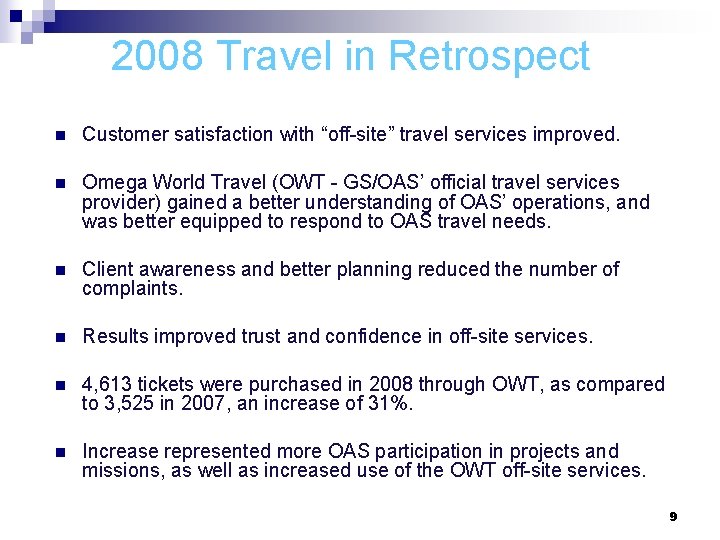 2008 Travel in Retrospect n Customer satisfaction with “off-site” travel services improved. n Omega