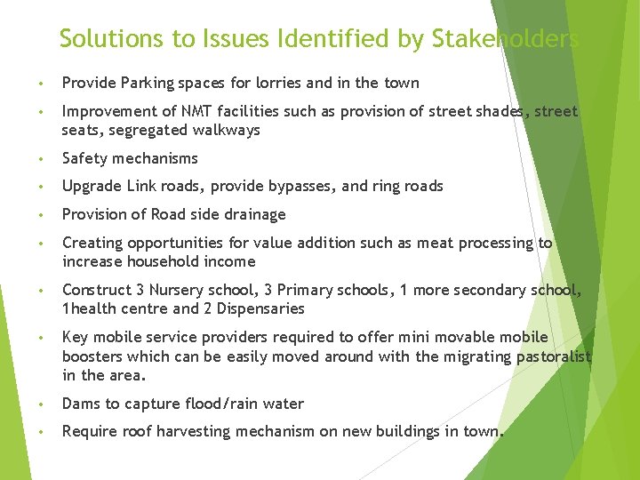 Solutions to Issues Identified by Stakeholders • Provide Parking spaces for lorries and in