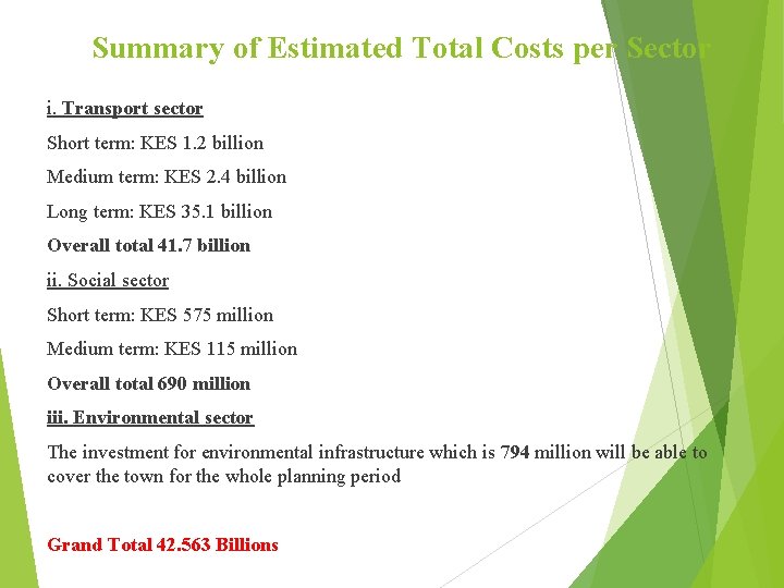 Summary of Estimated Total Costs per Sector i. Transport sector Short term: KES 1.