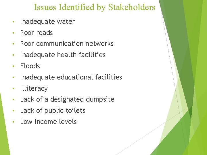 Issues Identified by Stakeholders • Inadequate water • Poor roads • Poor communication networks
