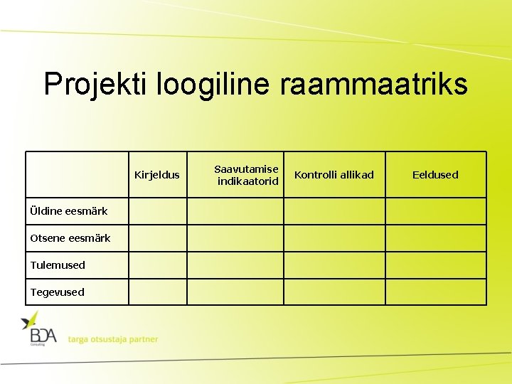 Projekti loogiline raammaatriks Kirjeldus Üldine eesmärk Otsene eesmärk Tulemused Tegevused Saavutamise indikaatorid Kontrolli allikad