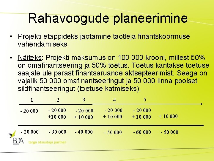 Rahavoogude planeerimine • Projekti etappideks jaotamine taotleja finantskoormuse vähendamiseks • Näiteks: Projekti maksumus on