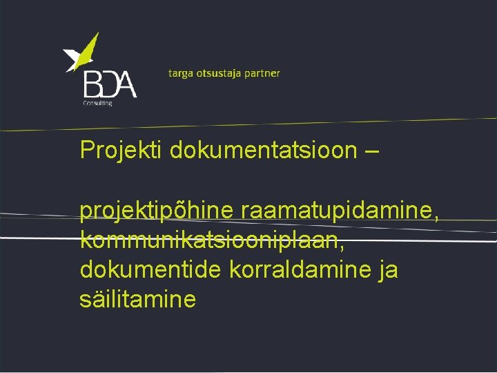 Projekti dokumentatsioon – projektipõhine raamatupidamine, kommunikatsiooniplaan, dokumentide korraldamine ja säilitamine 