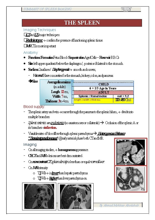 SUMMARY OF SPLEEN IMAGING THE SPLEEN Imaging Techniques �CTand. US: major techniques. �Radioisotopes: confirmthepresenceoffunctioningsplenic