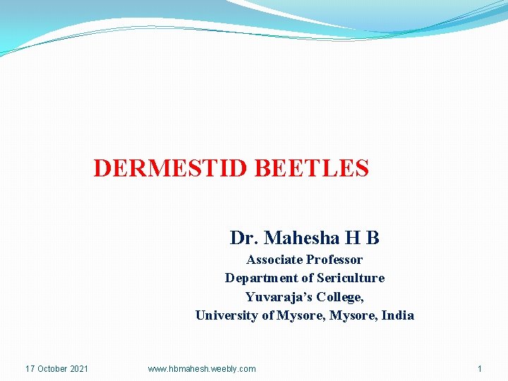 DERMESTID BEETLES Dr. Mahesha H B Associate Professor Department of Sericulture Yuvaraja’s College, University
