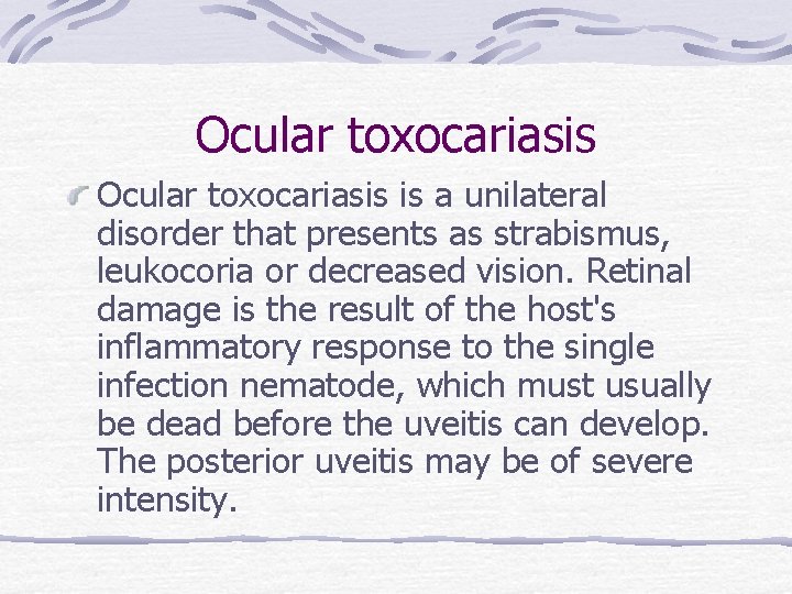 Ocular toxocariasis is a unilateral disorder that presents as strabismus, leukocoria or decreased vision.