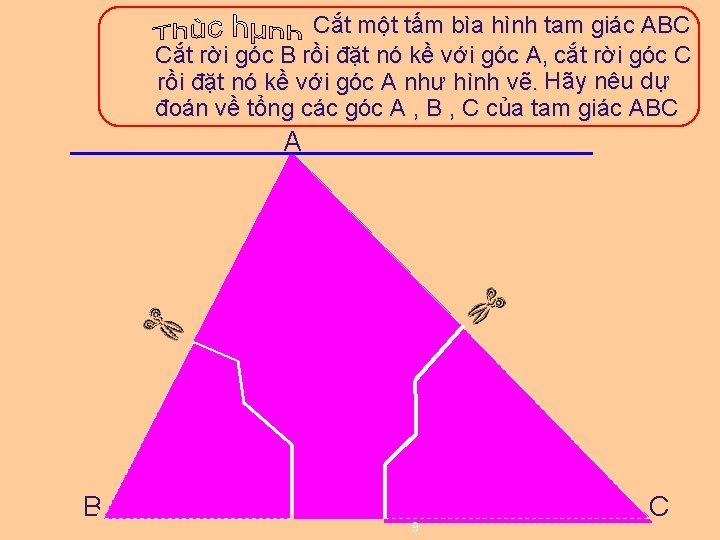 Cắt một tấm bìa hình tam giác ABC Cắt rời góc B rồi đặt