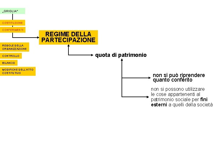 „GRIGLIA“ COSTITUZIONE CONFERIMENTI REGIME DELLA PARTECIPAZIONE REGOLE DELLA ORGANIZZAZIONE CONTROLLO quota di patrimonio BILANCIO