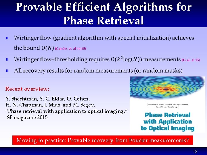 Provable Efficient Algorithms for Phase Retrieval Recent overview: Y. Shechtman, Y. C. Eldar, O. Provable Efficient Algorithms for Phase Retrieval Recent overview: Y. Shechtman, Y. C. Eldar, O.