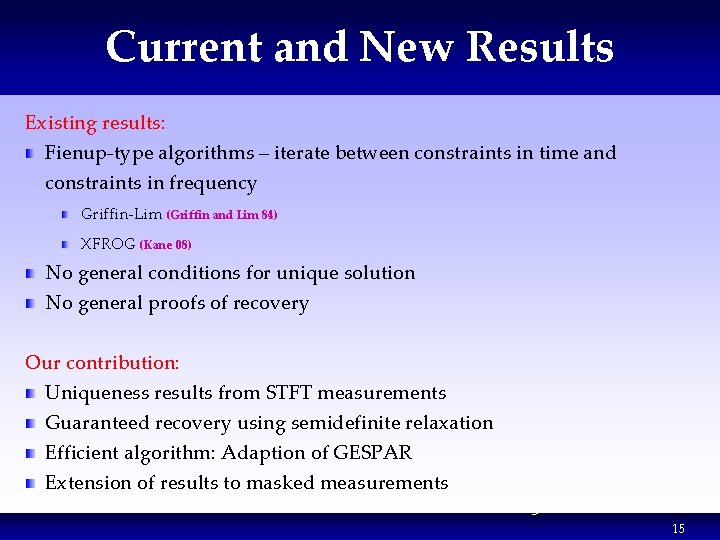Current and New Results Existing results: Fienup-type algorithms – iterate between constraints in time Current and New Results Existing results: Fienup-type algorithms – iterate between constraints in time