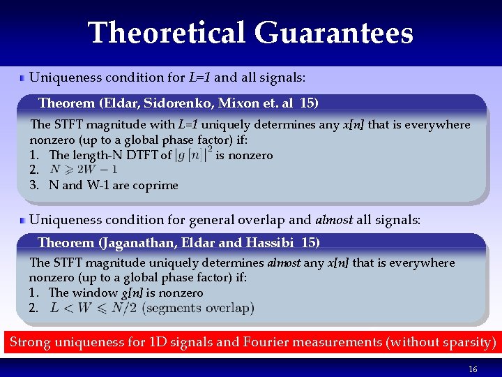 Theoretical Guarantees Uniqueness condition for L=1 and all signals: Theorem (Eldar, Sidorenko, Mixon et. Theoretical Guarantees Uniqueness condition for L=1 and all signals: Theorem (Eldar, Sidorenko, Mixon et.