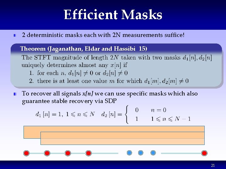 Efficient Masks 2 deterministic masks each with 2 N measurements suffice! Theorem (Jaganathan, Eldar Efficient Masks 2 deterministic masks each with 2 N measurements suffice! Theorem (Jaganathan, Eldar