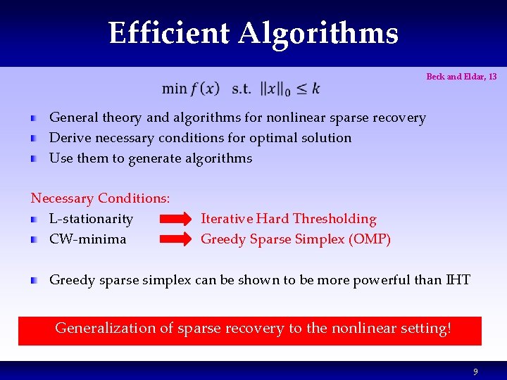 Efficient Algorithms Beck and Eldar, 13 General theory and algorithms for nonlinear sparse recovery Efficient Algorithms Beck and Eldar, 13 General theory and algorithms for nonlinear sparse recovery