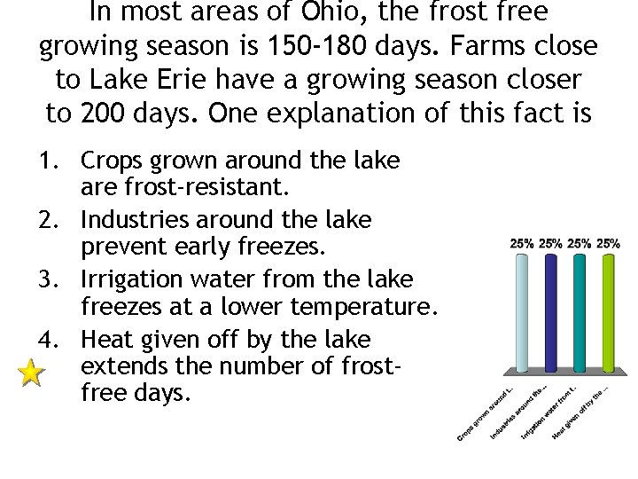 In most areas of Ohio, the frost free growing season is 150 -180 days.