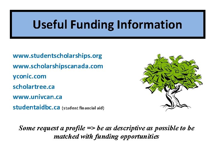 Useful Funding Information www. studentscholarships. org www. scholarshipscanada. com yconic. com scholartree. ca www.
