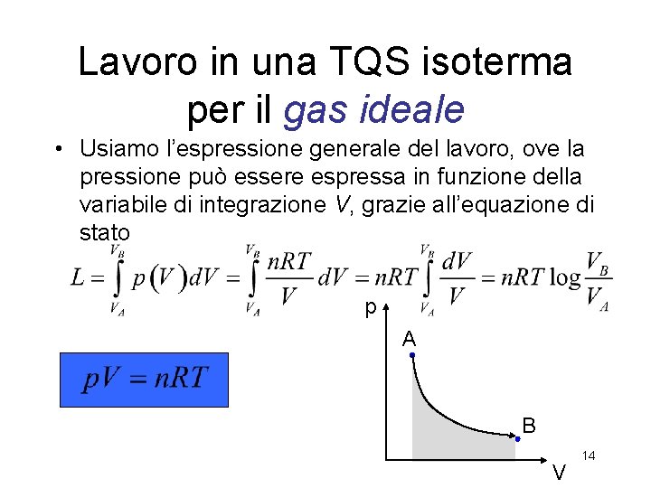 Lavoro in una TQS isoterma per il gas ideale • Usiamo l’espressione generale del