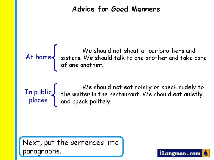 Advice for Good Manners At home We should not shout at our brothers and