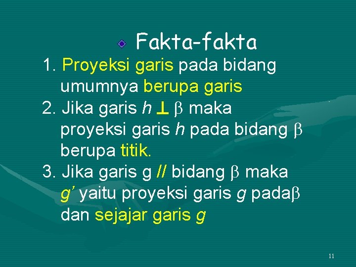 Fakta-fakta 1. Proyeksi garis pada bidang umumnya berupa garis 2. Jika garis h maka