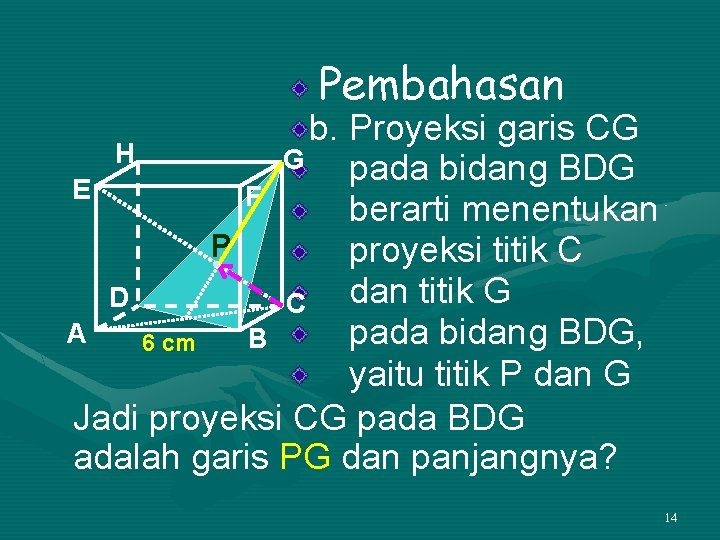 Pembahasan b. Proyeksi garis CG H G pada bidang BDG E F berarti menentukan